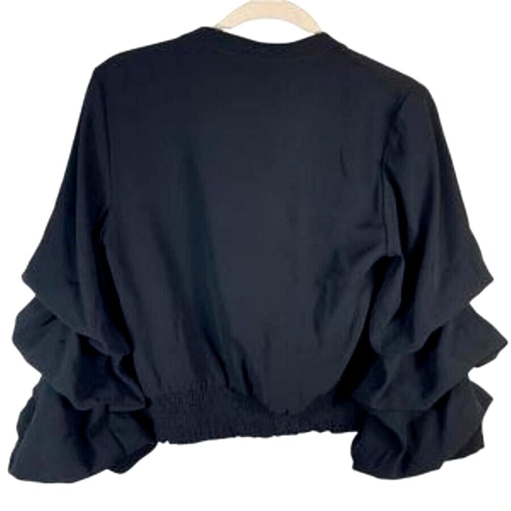 New Gracia Black Ruffle Sleeve V-Neck Zip Blouse Top - Picture 6 of 15